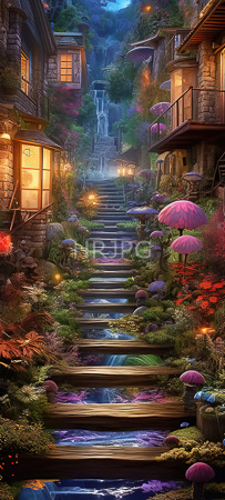 High Resolution: Enchanting twilight village with wooden houses on either side of illuminated stone steps leading to a cascading waterfall adorned with vibrant purple mushrooms and colorful flowers download. | HRJPG.com