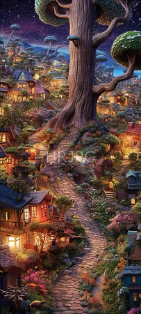 High Resolution: Enchanting fantasy illustration depicts a whimsical village nestled among giant trees under a starry night sky with warm yellow lights glowing from charming wooden cottages download. | HRJPG.com