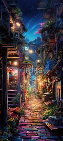 High Resolution: Enchanting narrow alleyway at night in a vibrant village with colorful lanterns illuminating wooden buildings adorned with lush greenery and flowers under a starry sky download. | HRJPG.com