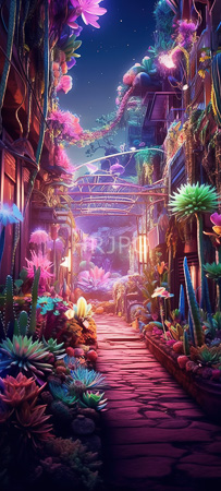 High Resolution: Enchanting neon-lit alleyway at night filled with vibrant alien plants and cacti in vivid colors leading to glowing lanterns along a red-stone pathway download. | HRJPG.com
