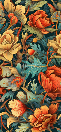 High Resolution: Intricate illustration features vibrant floral patterns in shades of orange yellow and teal on dark green background leaves including large peonies and clusters of tiny red-orange berries download. | HRJPG.com