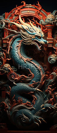 High Resolution: Intricately detailed serpentine reptilian predator with teal scales and fiery red-orange accents winds through swirling clouds against a dark background framed by ornate architectural elements download. | HRJPG.com