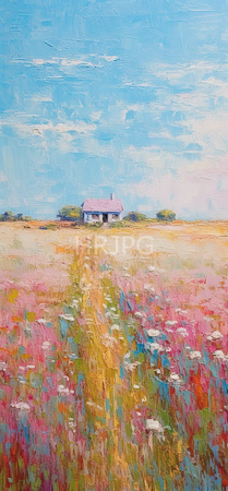 High Resolution: Impressionist-style painting depicts a serene countryside scene with vibrant colors and textured brushstrokes a small white farmhouse with a red roof sits against a bright blue sky download. | HRJPG.com