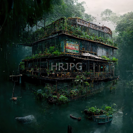 High Resolution: Overgrown two-story building floating on murky green water in a dense jungle with vines and plants covering its rusted metal structure and a visible RESTAURANT sign download. | HRJPG.com