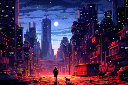 High Resolution: Urban dystopian cityscape at night with neon and purple hues under a full moonlit sky with tall skyscrapers lining a street illuminated by red-orange lights from below download. | HRJPG.com