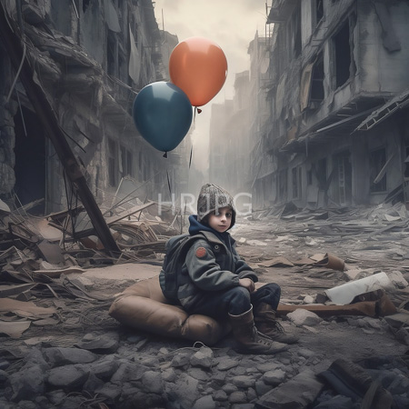High Resolution: Emotionally poignant scene in post-apocalyptic ruins features a young child sitting on rubble amidst destroyed buildings wearing a gray beanie hat and blue jacket adorned with patches download. | HRJPG.com