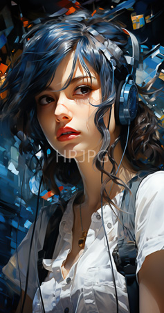 High Resolution: Figure with wavy dark blue hair wears black headphones and a white button-up shirt with red lipstick and intense brown eyes looking forward against an abstract colorful background download. | HRJPG.com
