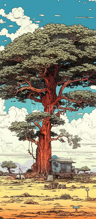 High Resolution: Illustrative drawing depicts a massive red-trunked tree with dense green foliage under a bright blue sky with a small wooden shack surrounded by scattered rocks and old machinery at its base download. | HRJPG.com