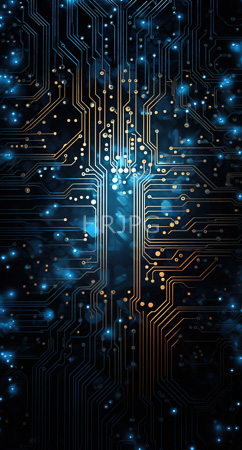 High Resolution: Intricate glowing circuit board with golden and blue lines branching out symmetrically from the center to the edges against a dark background download. | HRJPG.com