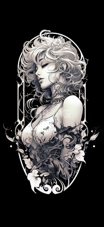 High Resolution: Elegant fair-skinned woman with wavy blonde hair adorned by flowers in soft grayscale tones wears intricate lace and floral-patterned off-shoulders garment within an ornate oval frame download. | HRJPG.com