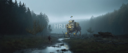 High Resolution: Eerie foggy forest scene with tall trees framing a narrow stream leading to a towering yellow and black robot standing in misty light with a small human figure nearby download. | HRJPG.com