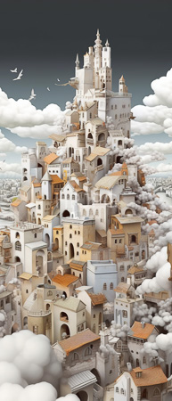 High Resolution: Intricately detailed towering medieval cityscape of beige and white buildings with terracotta roofs floating among fluffy clouds against a darkening sky backdrop download. | HRJPG.com