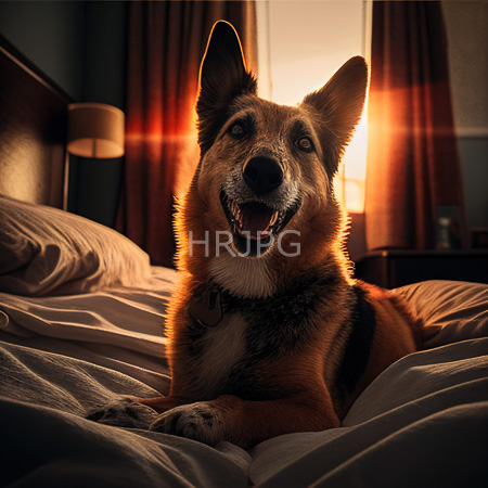 High Resolution: Alert medium-sized dog with brown and black fur lying on a bed at sunset with its ears pointing upwards and a smiling open-mouthed expression in warm light download. | HRJPG.com