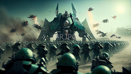 High Resolution: Intense battle on sandy terrain features hundreds of green-armored soldiers facing a towering teal mechanical robot at the center with explosions surrounding them download. | HRJPG.com