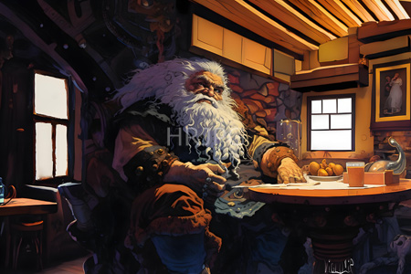 High Resolution: Elderly bearded figure with white hair and a thick beard sits at a wooden table in a dim-lit rustic cabin wearing a dark vest and holding a bread roll download. | HRJPG.com