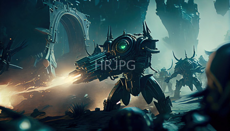 High Resolution: Armored insectoid robot with glowing green eyes and large mechanical arms firing energy beams in a dark cave-like environment surrounded by shadowy robotic creatures download. | HRJPG.com