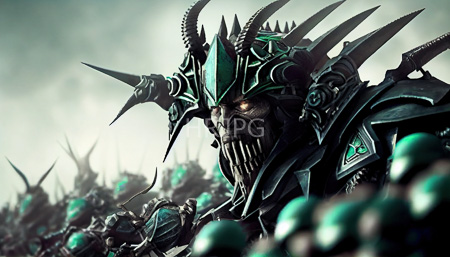 High Resolution: Intimidating armored warrior with glowing yellow eyes and sharp horns in dark green armor adorned with intricate patterns with a skeletal-like face and a blurred army behind download. | HRJPG.com
