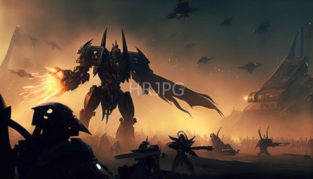 High Resolution: Intense battle scene in dark smoky surroundings with orange-yellow lighting from explosions and fires where a large mechanical entity wielding flames is central download. | HRJPG.com