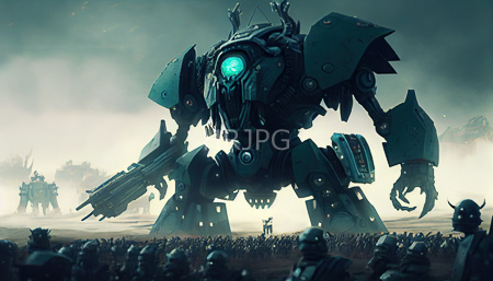 High Resolution: Epic battle scene with towering futuristic mechanical figures in dark green and blue hues dominating center stage with one central figure having glowing teal eyes download. | HRJPG.com