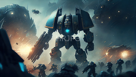 High Resolution: Intense sci-fi battle scene with towering blue and black mechanical robots in combat against smaller humanoid soldiers armed with rifles amidst smoke-filled air and bright explosions download. | HRJPG.com