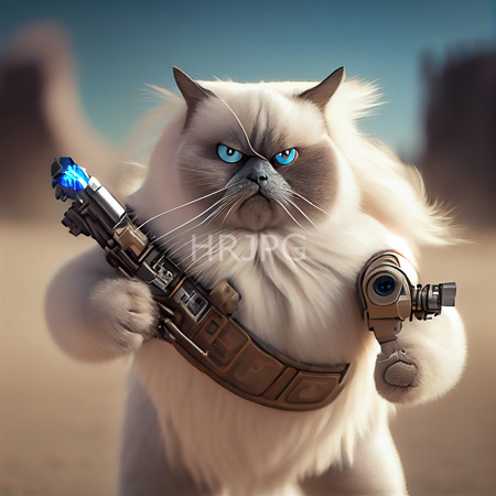 High Resolution: Angry fluffy white feline with blue eyes holds futuristic blasters in both paws against a desert background with one gun emitting glowing blue energy download. | HRJPG.com