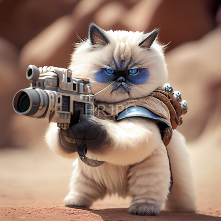 High Resolution: Anthropomorphic grumpy-looking feline with blue eyes and fluffy beige fur holds a futuristic sci-fi gun in a desert setting wearing brown leather armor download. | HRJPG.com