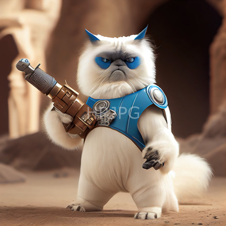 High Resolution: Anthropomorphic white-furred feline with blue eyes and ears standing in front of rocky terrain wears futuristic armor on its shoulders featuring silver circular plates download. | HRJPG.com