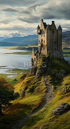 High Resolution: Ancient stone castle perched on rocky cliffs overlooking a serene lake and rolling green hills under dramatic clouds with a narrow cobblestone path leading to its entrance download. | HRJPG.com