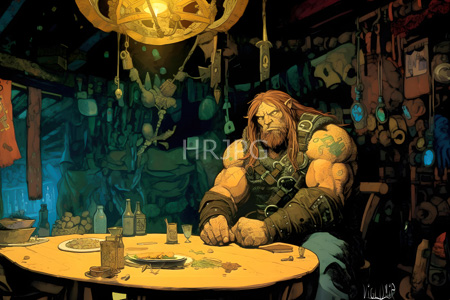 High Resolution: Muscular bearded figure with long brown hair and tattoos sits at a dim-lit wooden table in a cluttered tavern wearing leather armor over a bare chest download. | HRJPG.com