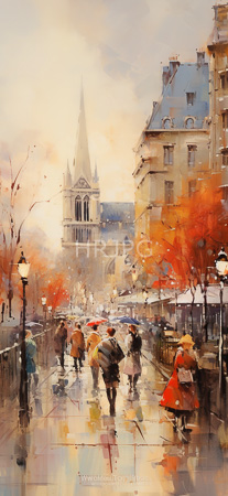 High Resolution: Impressionistic watercolor painting depicts a bustling rainy street scene with pedestrians in colorful coats and umbrellas walking on wet pavement reflecting their images download. | HRJPG.com