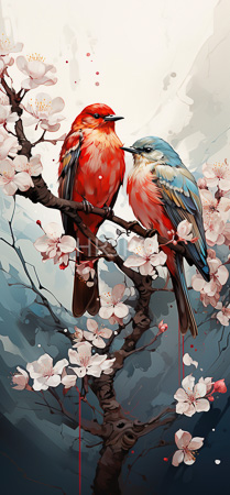 High Resolution: Two birds one red and one blue with orange accents perched on cherry blossom branches tenderly touching beaks amidst delicate white flowers download. | HRJPG.com
