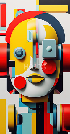 High Resolution: Abstract stylized geometric figure face with vibrant colors and bold shapes features yellow skin red circles for cheeks and blue square-shaped eyes download. | HRJPG.com