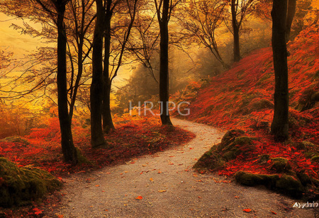 High Resolution: Autumn forest path winding through tall leafless trees with dark trunks and vibrant red foliage on both sides with scattered fallen leaves download. | HRJPG.com