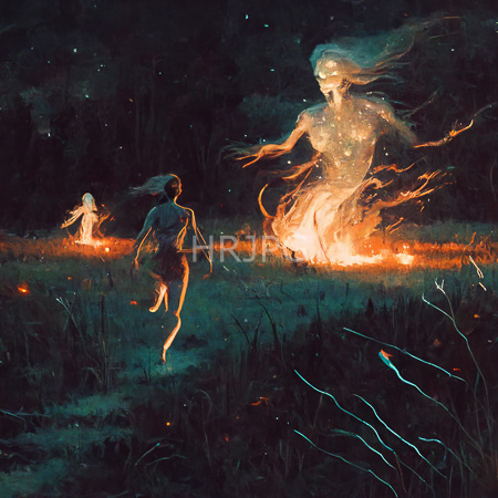 High Resolution: Three ethereal glowing female figures in an enchanted forest at night one central figure runs forward while two others stand amidst soft orange fire-like light download. | HRJPG.com