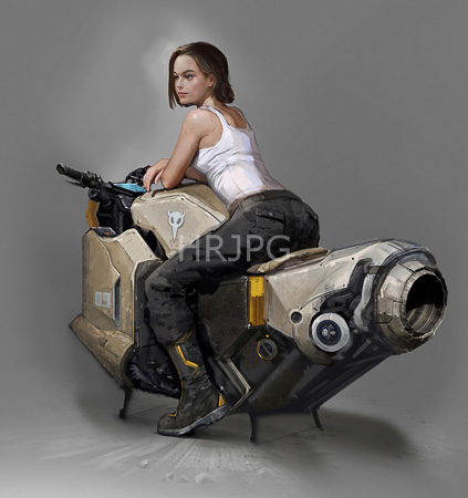 High Resolution: Athletic young woman with short brown hair sits on futuristic machinery resembling mecha or sci-fi tech gear wearing black camo pants and a yellow-striped boots download. | HRJPG.com