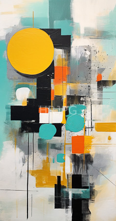 High Resolution: Abstract digital painting features geometric shapes and vibrant colors including black rectangles orange circles teal squares and white patches in an urban-inspired composition download. | HRJPG.com