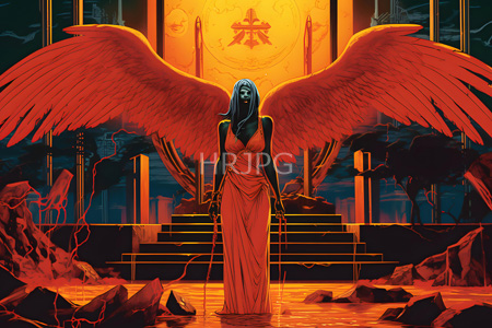 High Resolution: Ethereal dark-skinned female angel with large red wings stands in shallow water before a glowing orange celestial body on her back wearing flowing pink robes download. | HRJPG.com