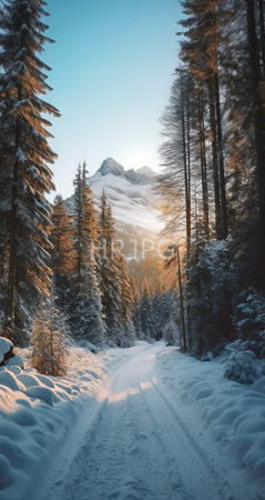 High Resolution: Snowy forest path leading to sunlit mountains flanked by tall pine trees with snow-covered branches and sunlight casting golden hues on tree trunks download. | HRJPG.com