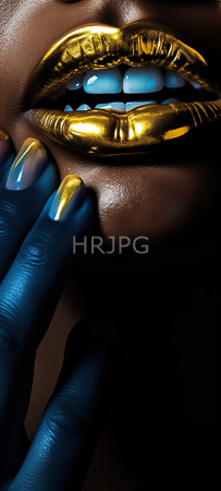 High Resolution: Close-up focus on a dark-skinned person's lips and hand with shiny gold-painted full lips and visible teeth with nails painted in a gradient from blue to yellow download. | HRJPG.com