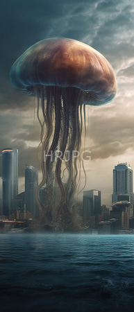 High Resolution: Enormous translucent jellyfish with long tentacles rising from calm water in front of a modern cityscape under cloudy skies with skyscrapers lining the sides download. | HRJPG.com