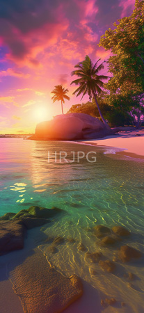 High Resolution: Idyllic tropical beach at sunset features clear turquoise water with visible rocks two palm trees on a rocky outcrop under a vibrant pink and orange sky download. | HRJPG.com