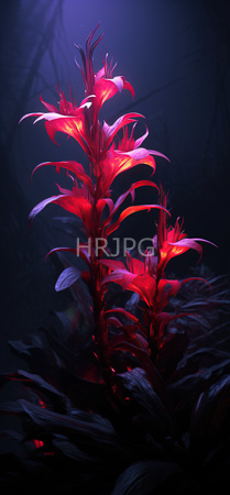 High Resolution: Ethereal glowing red flower with elongated petals and vibrant light accents in a dark blue background with leaves having subtle reflections download. | HRJPG.com