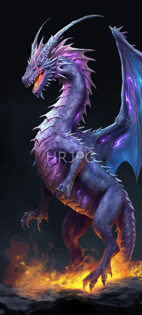 High Resolution: Imposing purple-scaled reptilian predator with glowing red eyes and sharp teeth stands on fiery rocks against a dark background with blue wings tinged in violet light download. | HRJPG.com