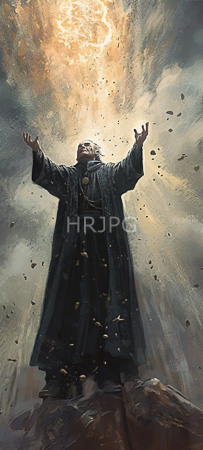 High Resolution: Elderly bearded figure with white hair stands on rocky terrain under radiant golden light from above wearing long dark robes with outstretched arms download. | HRJPG.com