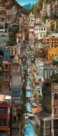 High Resolution: Intricate digital painting of a vibrant hillside town with colorful buildings in various styles nestled along winding streets leading to a central blue canal flowing through it download. | HRJPG.com