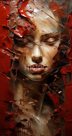 High Resolution: Ethereal figure with closed eyes pale skin and full lips framed by abstract red paint splatters that resemble cracked glass overlaying her face download. | HRJPG.com