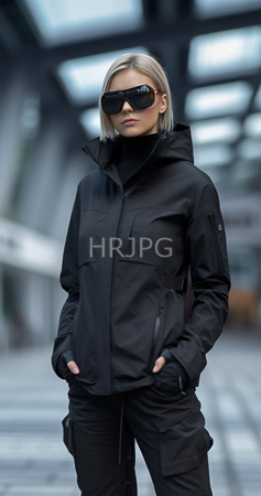 High Resolution: Attractive blonde woman with straight hair wears black sunglasses and all-black tactical gear including gloves jacket and pants standing confidently outdoors under modern glass-roofed architecture download. | HRJPG.com