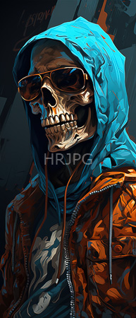 High Resolution: Anthropomorphic skull wears dark sunglasses a blue hooded jacket with an orange camouflage pattern and brown leather sleeves against abstract urban graffiti download. | HRJPG.com