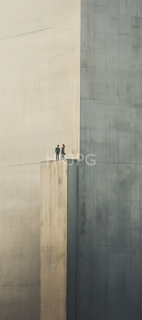 High Resolution: Two small indistinct figures stand on an elevated concrete platform at the intersection between light beige and dark gray textured walls in a minimalistic style download. | HRJPG.com