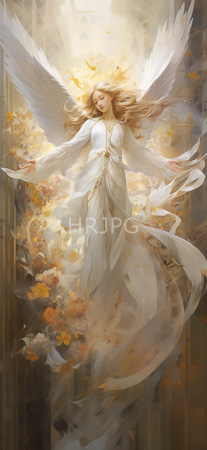 High Resolution: Ethereal angelic woman with flowing blonde hair white wings spread wide wears a long elegant gown adorned in gold accents floating amidst golden flowers download. | HRJPG.com